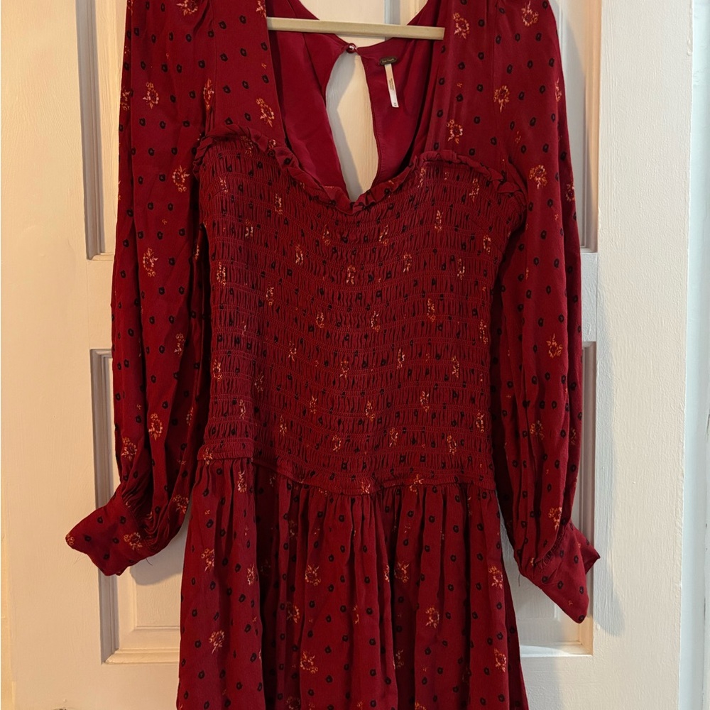 Free People Burgundy Red  Floral Smocked Long Sleeve Dress